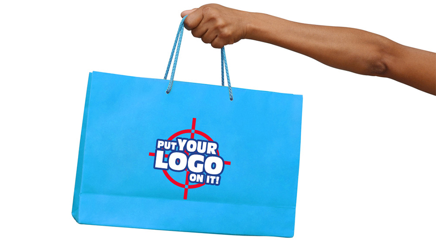 blue shopping bag with print your logo on it sticker on it logo